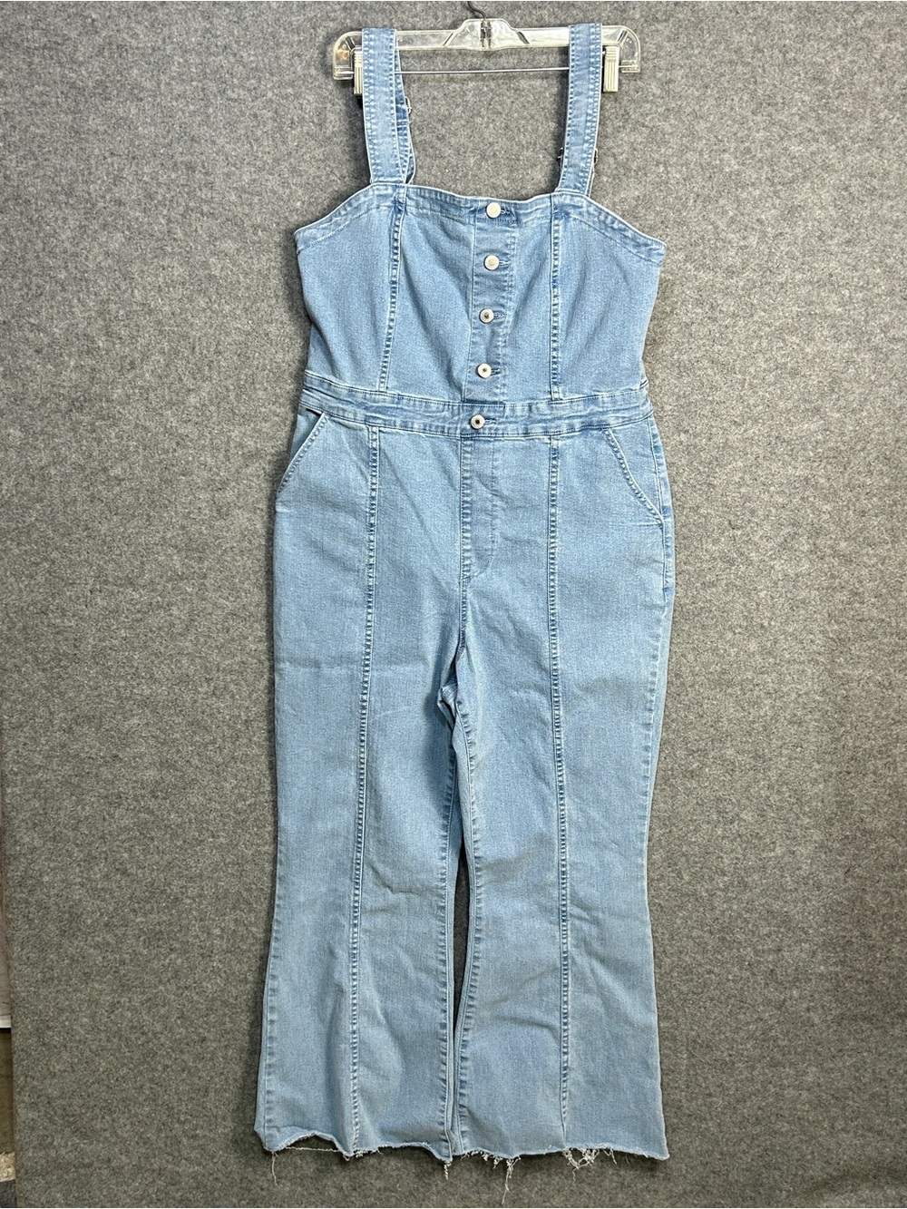 Ava & Viv Women’s 16 Retro Light Blue Denim Jumpsuit Overalls Flared Raw Hem